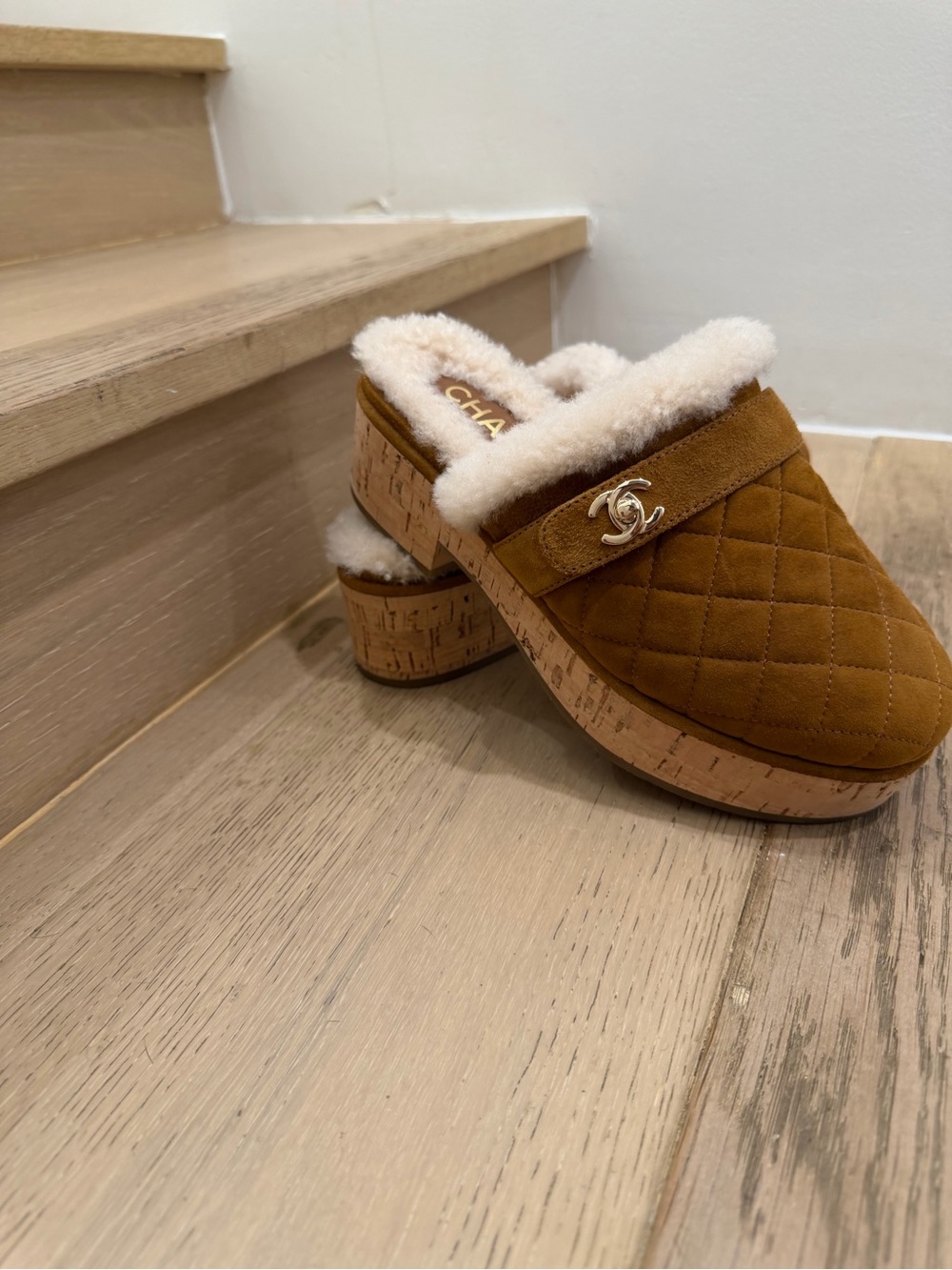 CHANEL Tan Quilted Suede Shearling Cork Mule